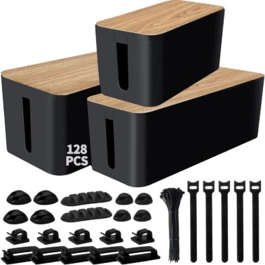 128PCS Cable Management Box 3Pack Cable Management Kit for Power Strip to Hide Wires,Cord Hider Boxes,Cord Box Safe ABS Material Wire Organizer of Cable Clips Sleeve for Home & Office, Black
